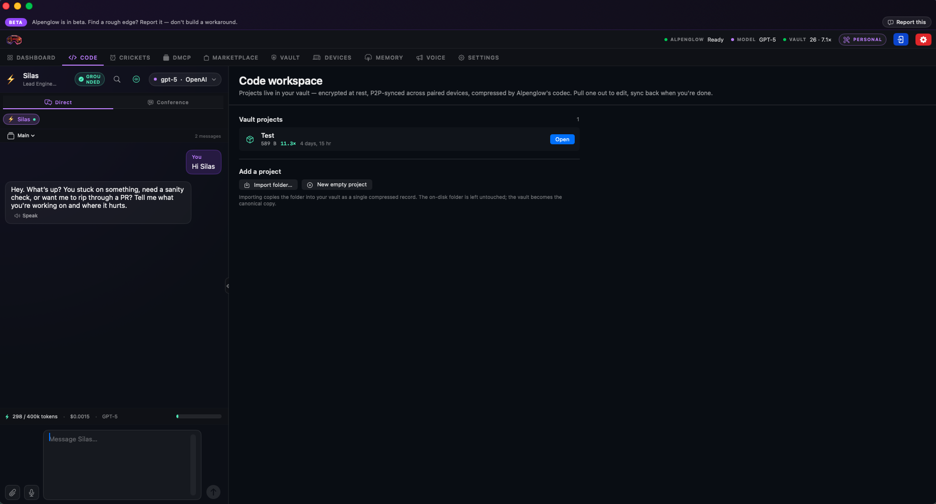 Code tab — projects, files, agent-paired editing