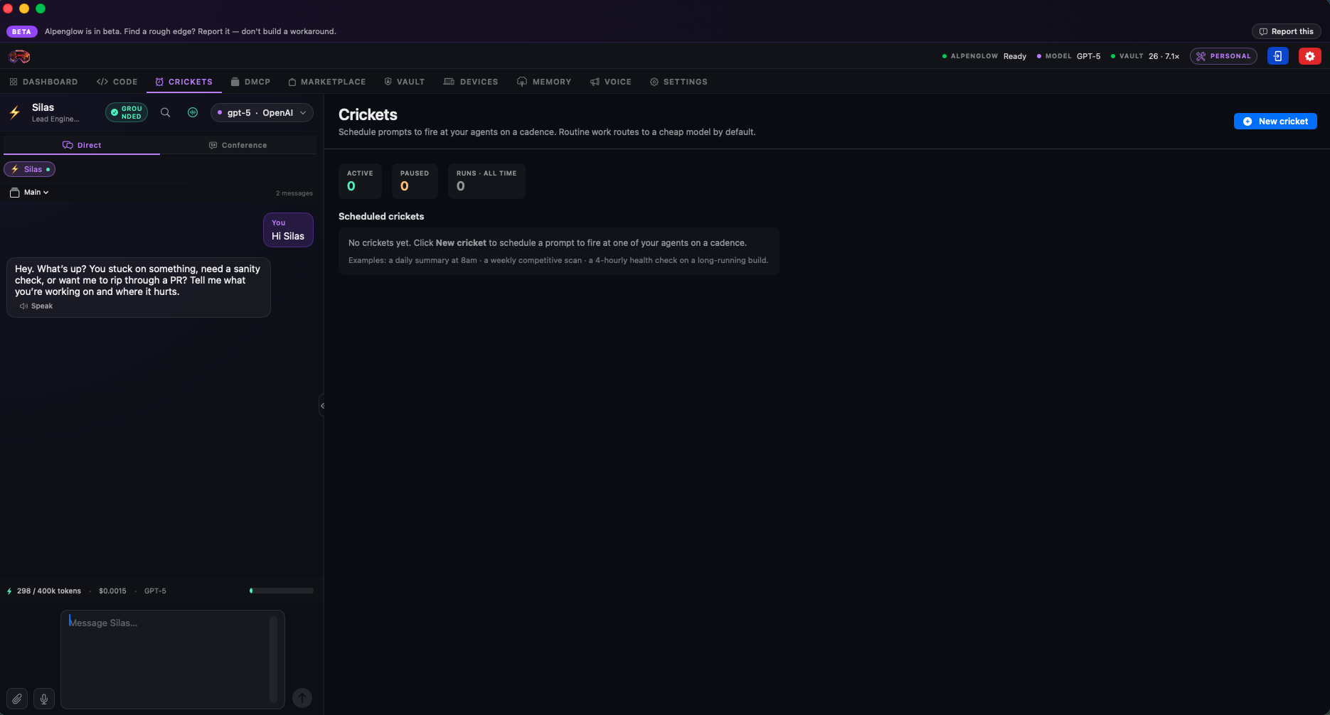 Crickets tab — scheduled prompts list