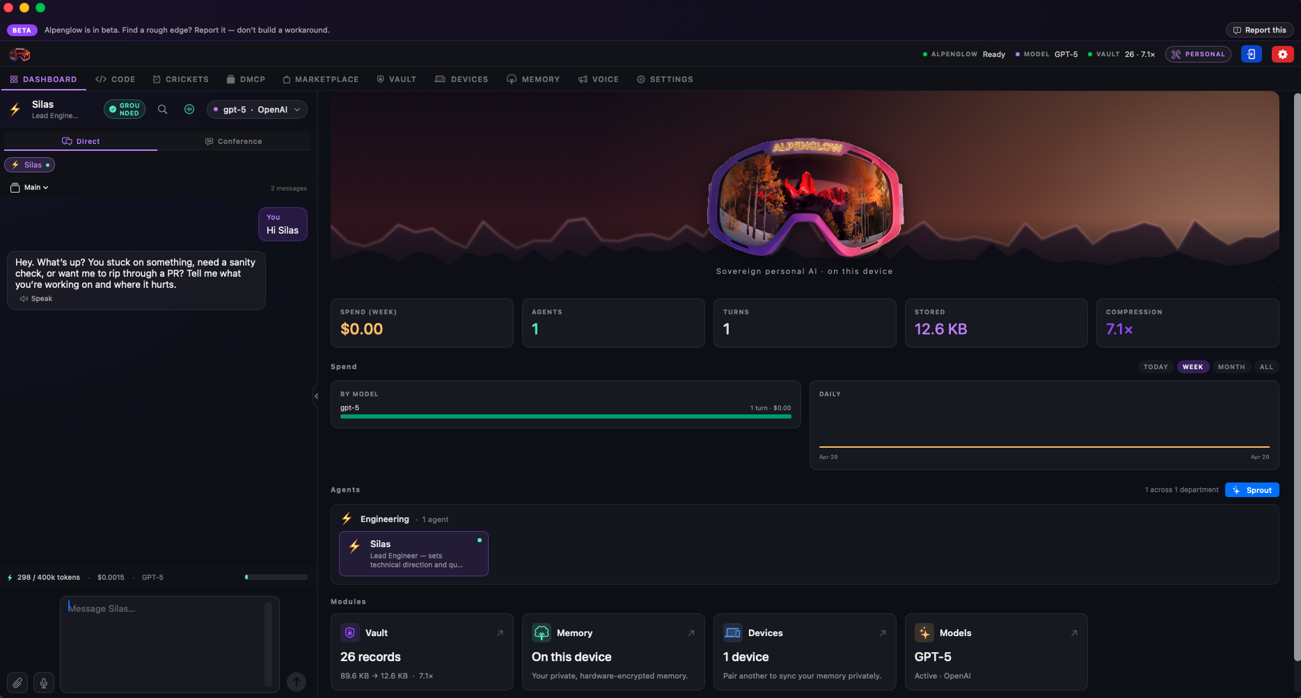 Dashboard tab — agent chat on the left, system overview on the right