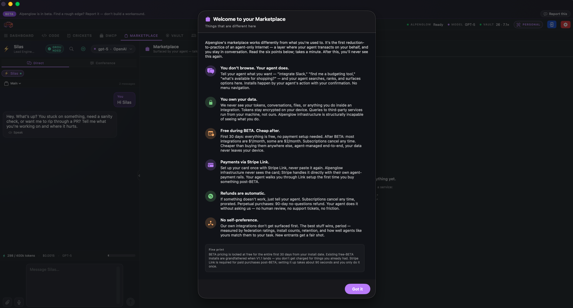 Marketplace tab — agent-surfaced tools and integrations