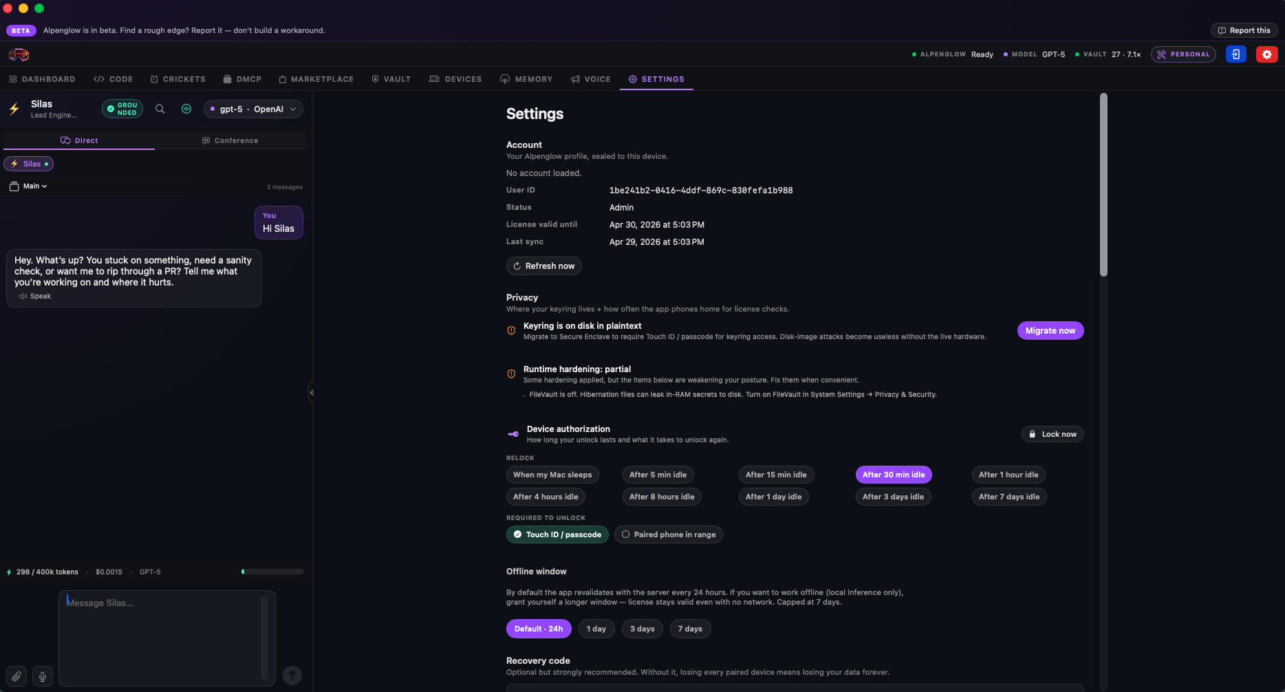 Settings tab — provider keys, defaults, controls